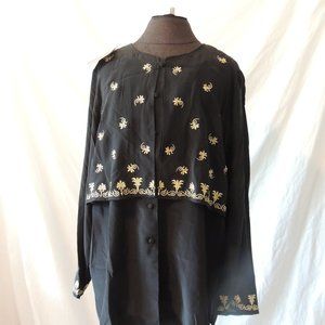 New Diane von Furstenberg Sz XL Black Long Sleeve Gold Embroidered Silk Blouse